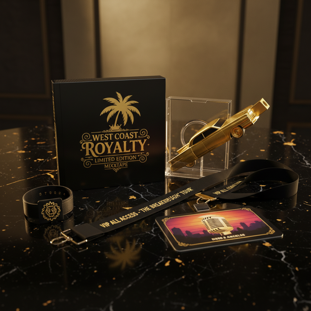 Mixtape CD, flash drive, and VIP pass on dark surface with gold accents