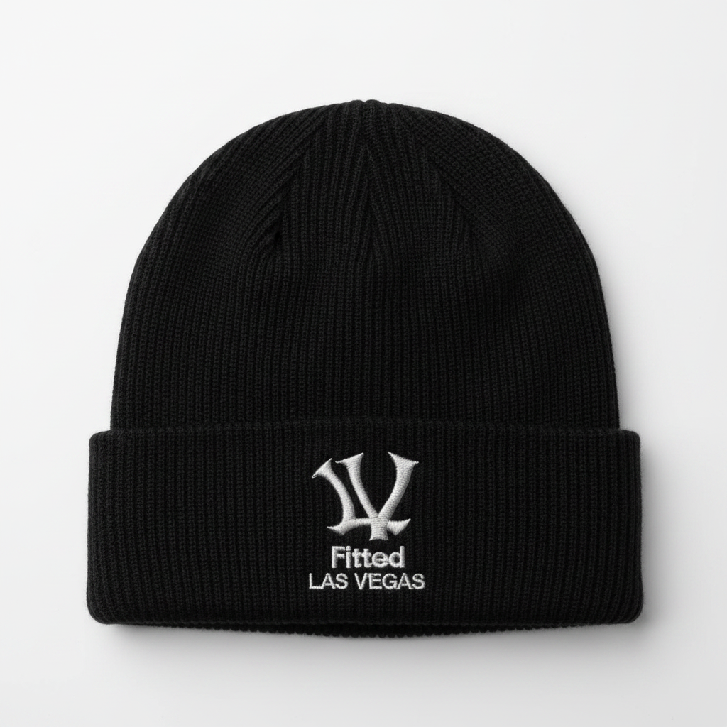 LV Fitted Las Vegas Black Beanie with white embroidered logo